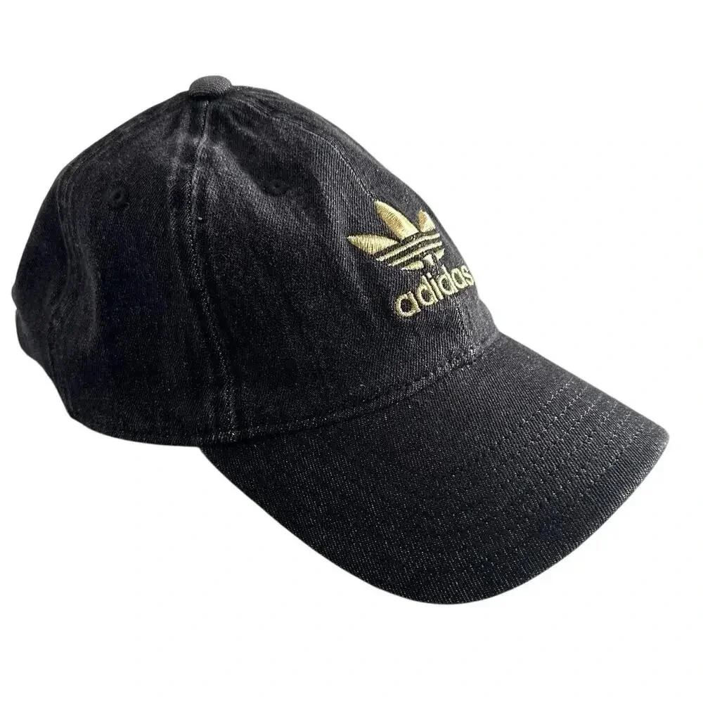 Adidas Baseball Hat Black‎ denim embroidered gold OSFA Casual Gym Yoga Hiking